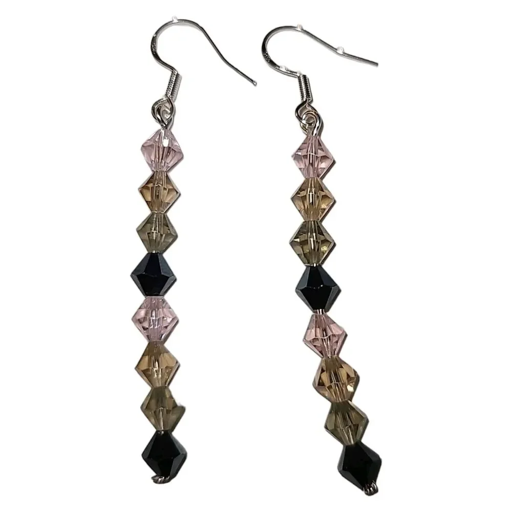 Sterling‎ Silver 925 Black Champagne & Pink Crystal Glass Drop Dangle Earrings